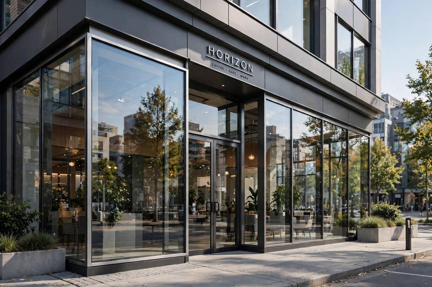 Commercial building with tinted glass storefront