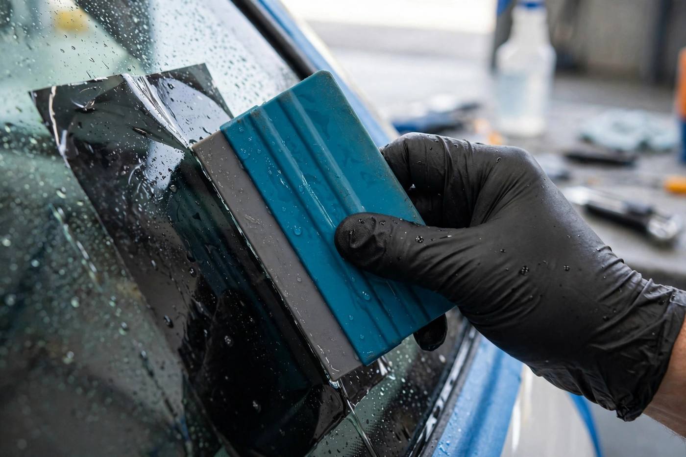 Installer pressing window tint film onto glass with a squeegee