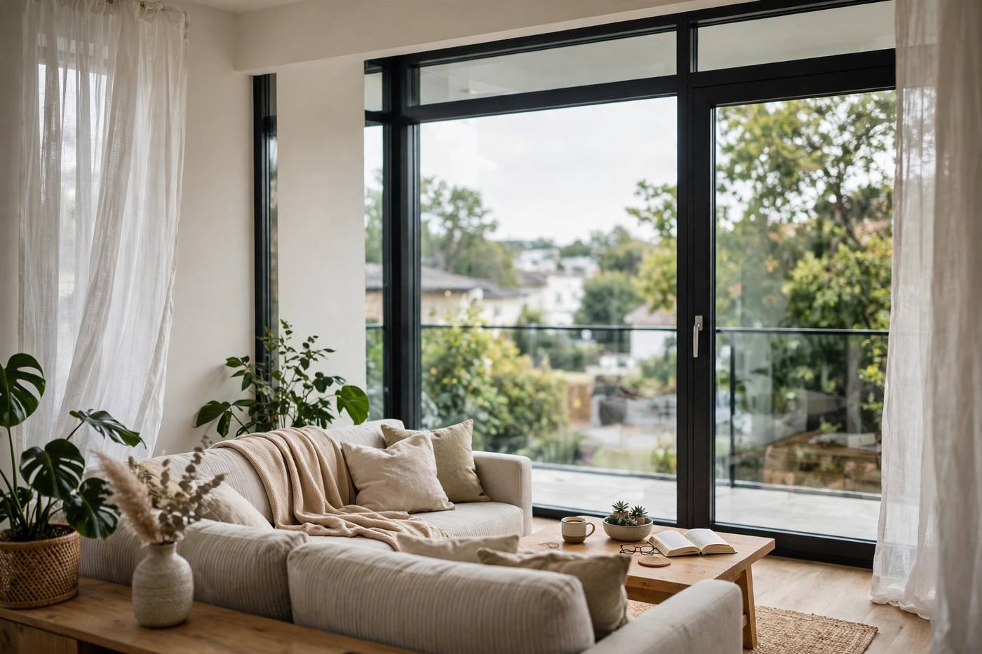 Bright home interior with window film on the glass